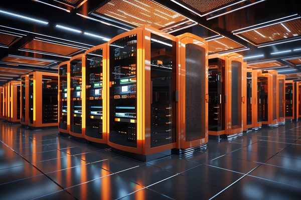 a room with many orange and black servers